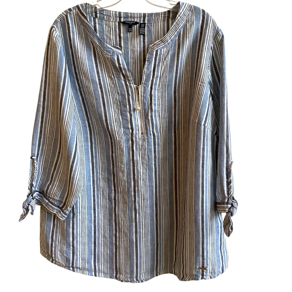 Ellen Tracy Blue Striped 100% Linen Tunic Pearl Zip size 1X